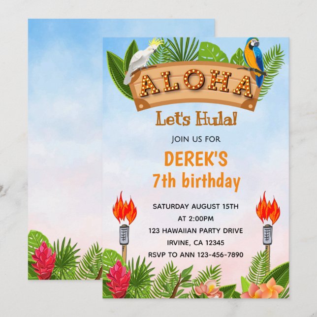 Invitación de cumpleaños de Aloha Parrots Tropical (Anverso / Reverso)