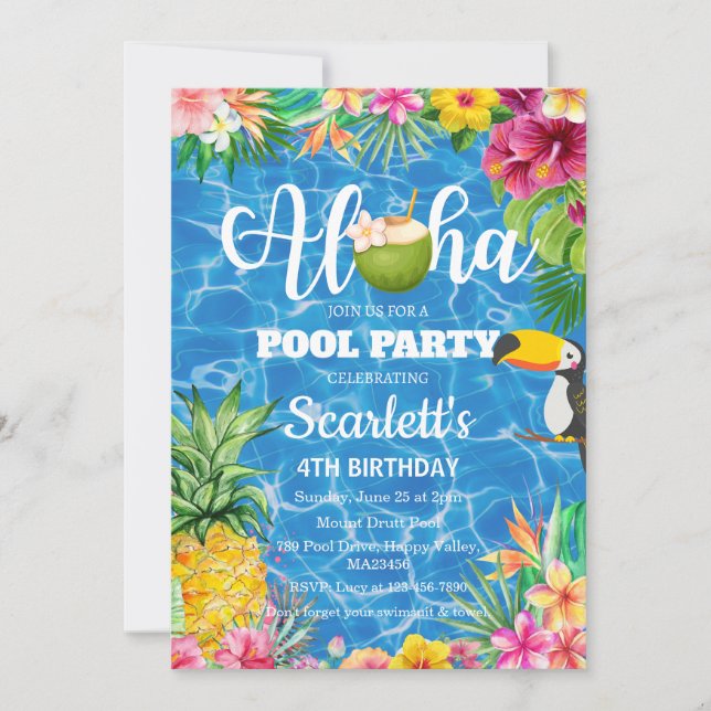 Invitación de cumpleaños de Aloha pool fiesta de H (Anverso)