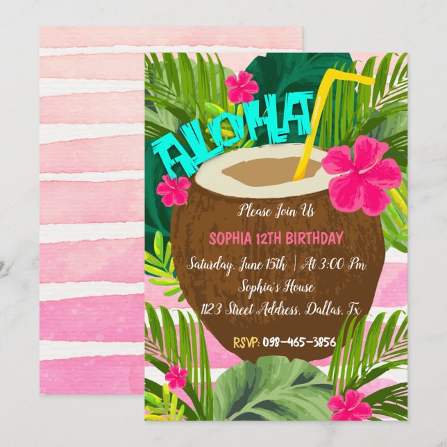 Invitación de cumpleaños de Aloha Tropical Coconut (Anverso / Reverso)