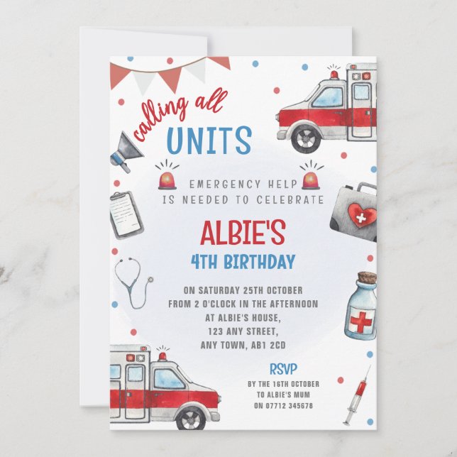 Invitación de cumpleaños de ambulancia para socorr (Anverso)