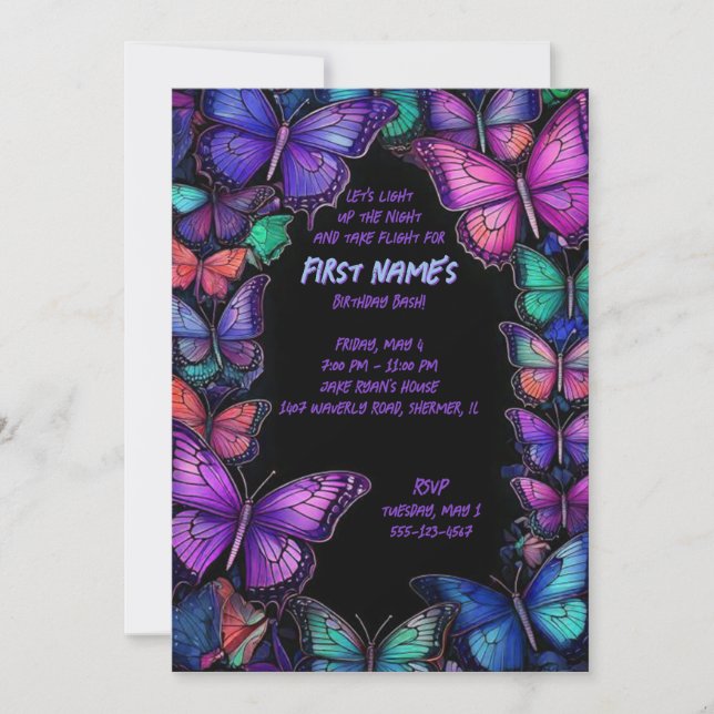 Invitación de cumpleaños de Amethyst Wings oscuro (Anverso)