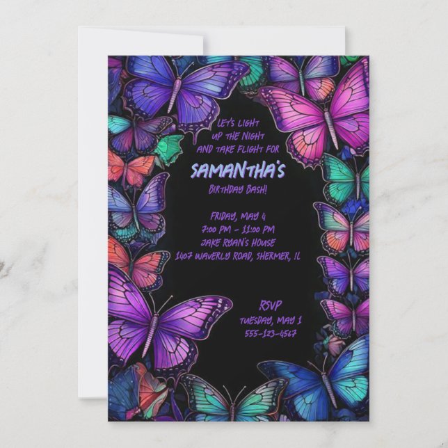 Invitación de cumpleaños de Amethyst Wings oscuro (Anverso)