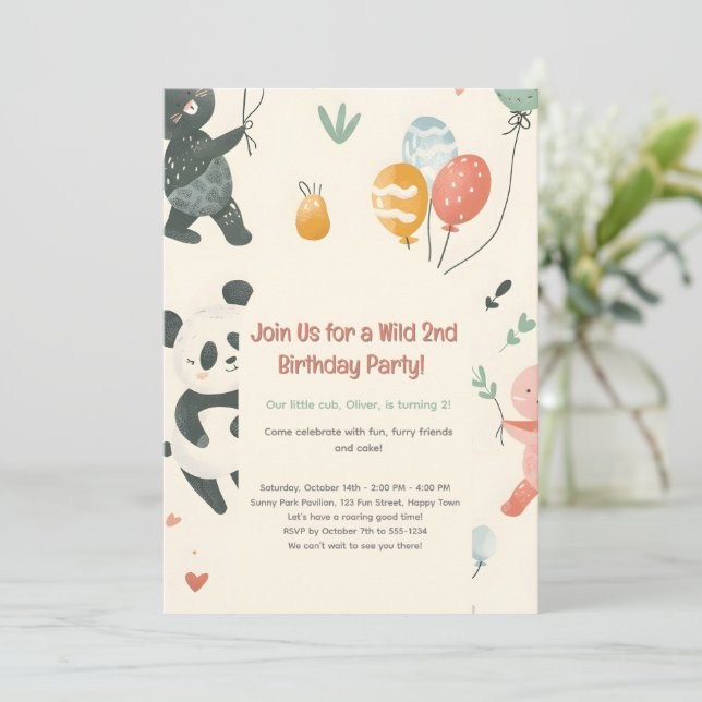 Invitación de cumpleaños de amigos animales salvaj (Anverso de pie)