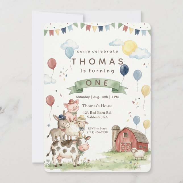 Invitación de cumpleaños de amigos de granja al ag (Anverso)