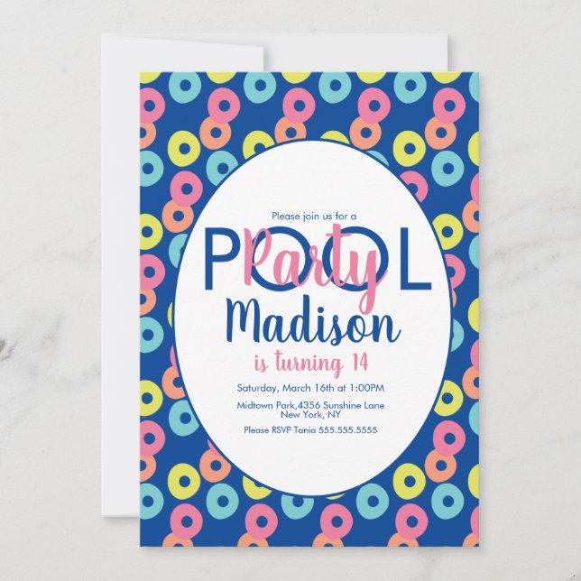Invitación de cumpleaños de anillos coloridos para (Anverso)