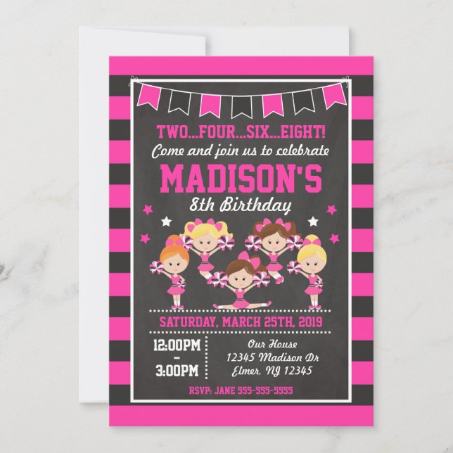 Invitación de cumpleaños de animador / rosa y negr (Anverso)