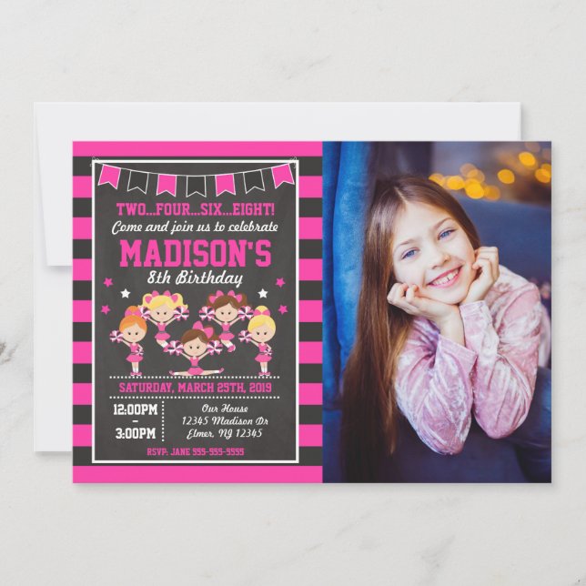 Invitación de cumpleaños de animadora con foto en  (Anverso)