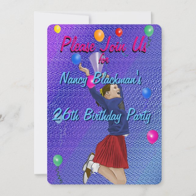 Invitación de cumpleaños de animadores, morados y  (Anverso)