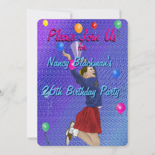 Invitación de cumpleaños de animadores, morados y
