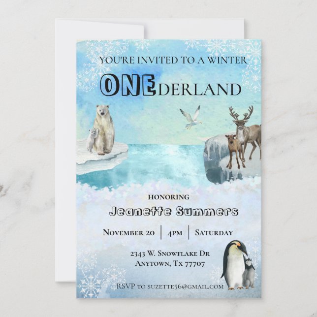 Invitación de cumpleaños de animal ártico de invie (Anverso)