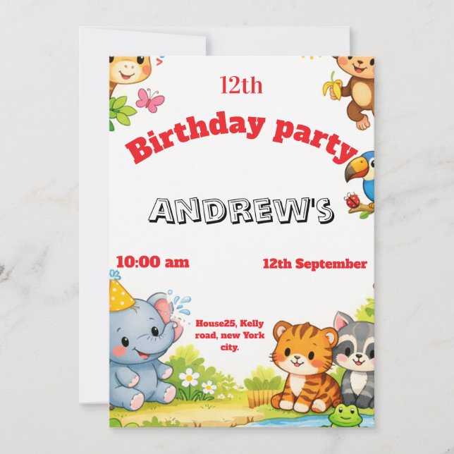 Invitación de cumpleaños de animal de dibujos anim (Anverso)