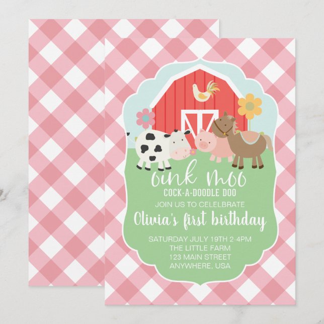 Invitación de cumpleaños de animal de granja con c (Anverso / Reverso)