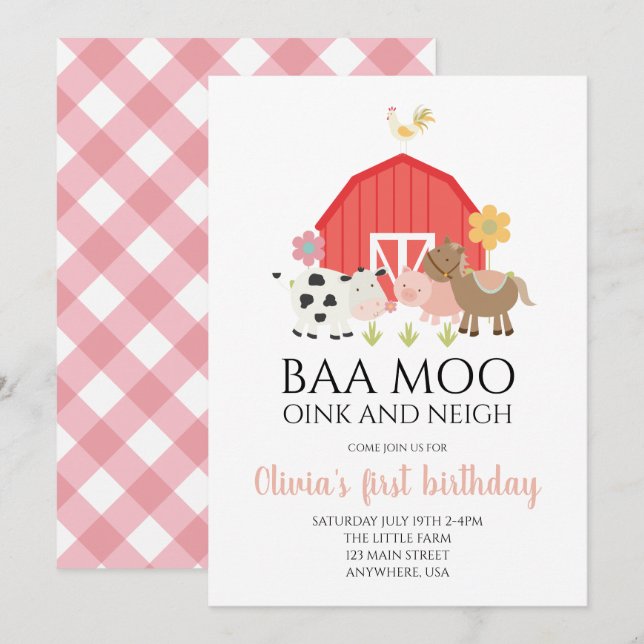 Invitación de cumpleaños de animal de granja con c (Anverso / Reverso)
