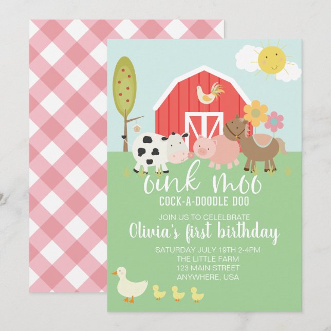 Invitación de cumpleaños de animal de granja con c (Anverso / Reverso)