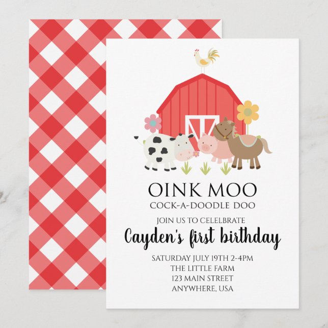 invitación de cumpleaños de animal de granja con c (Anverso / Reverso)