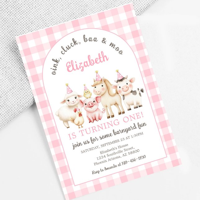 Invitación de cumpleaños de animal de granja rosa (Subido por el creador)