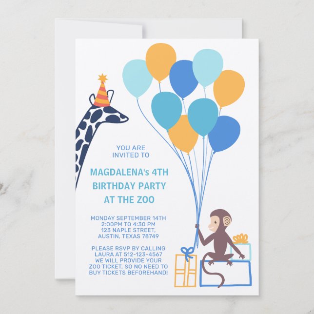 Invitación de cumpleaños de animal de zoológico (Anverso)