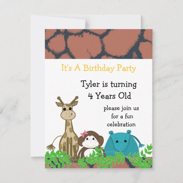Invitación de cumpleaños de animal de zoológico (Anverso)