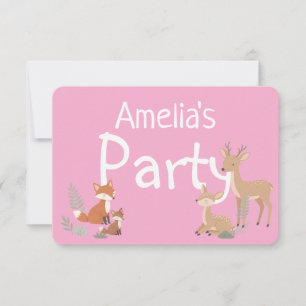 Invitación de cumpleaños de animal del bosque rosa