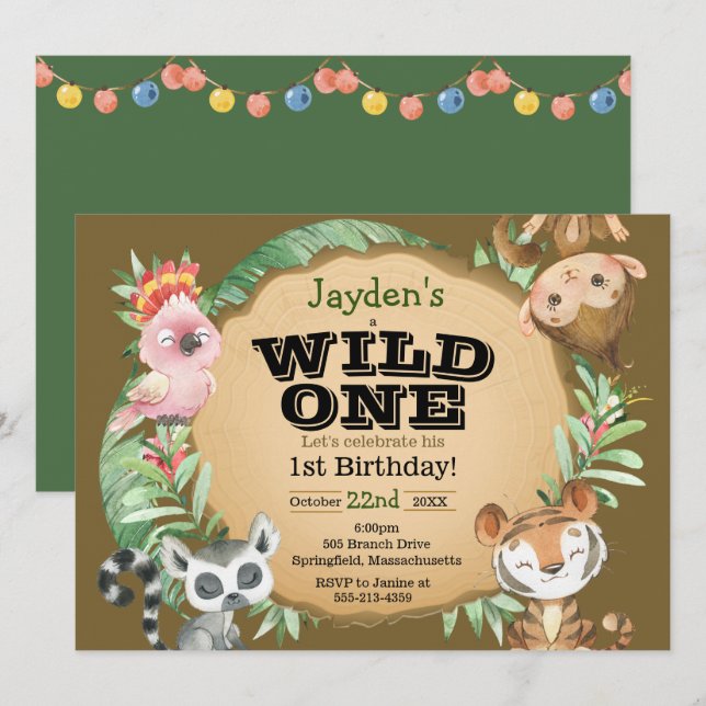 Invitación de cumpleaños de animal exótico Wild On (Anverso / Reverso)