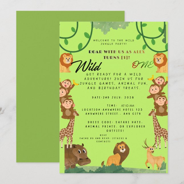 Invitación de cumpleaños de animal salvaje editabl (Anverso / Reverso)