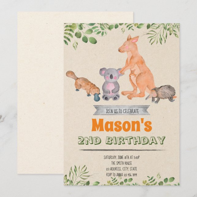 Invitación de cumpleaños de Animales Australianos (Anverso / Reverso)
