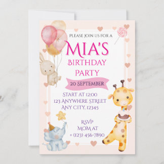 Invitación de cumpleaños de animales bebés con acu