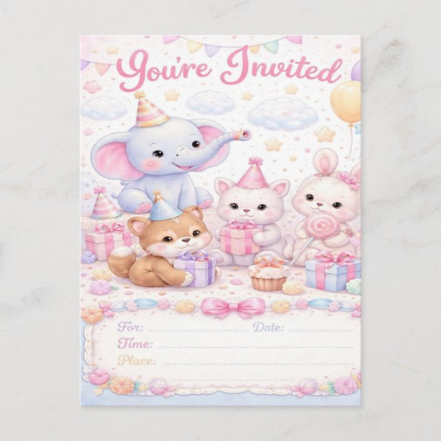 Invitación de cumpleaños de animales bebés pastel  (Anverso)