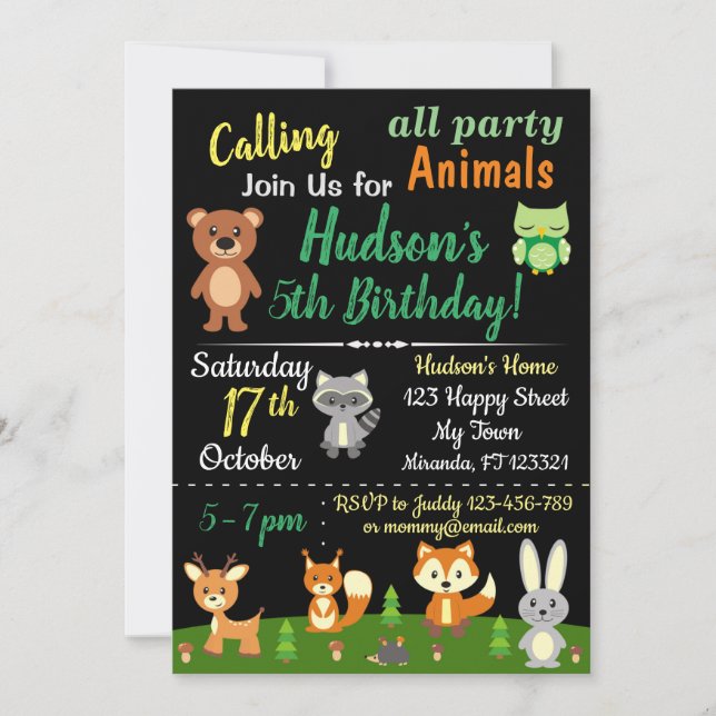 Invitación de cumpleaños de animales de bosque de  (Anverso)