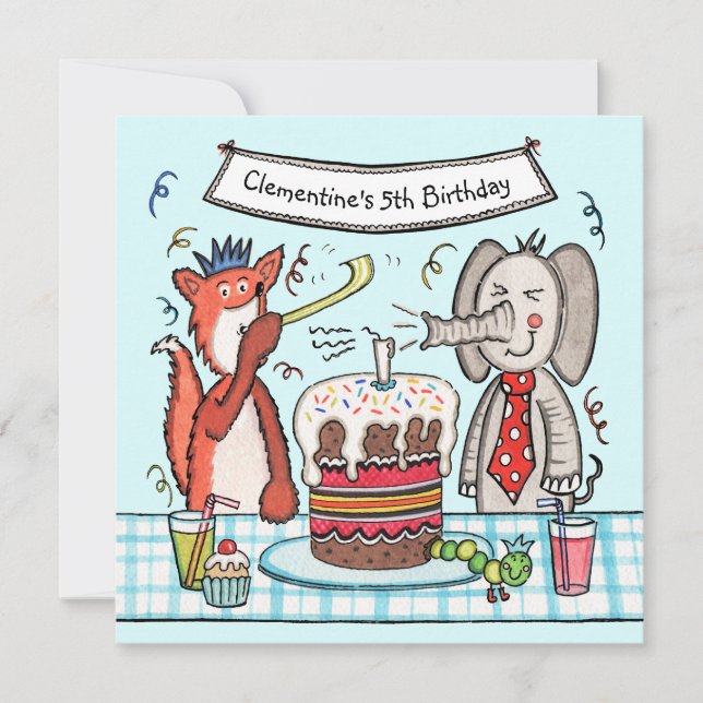 Invitación de cumpleaños de animales de fiesta per (Anverso)