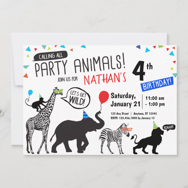 Invitación de cumpleaños de animales de Fiesta sal (Anverso)
