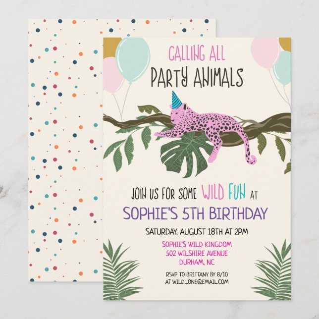 Invitación de cumpleaños de animales de fiesta sel (Anverso / Reverso)