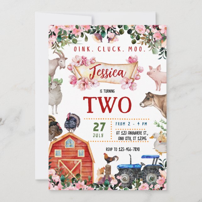 Invitación de cumpleaños de animales de granja (Anverso)