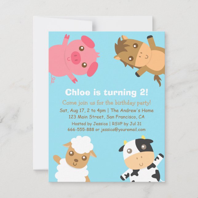 Invitación de cumpleaños de animales de granja col (Anverso)