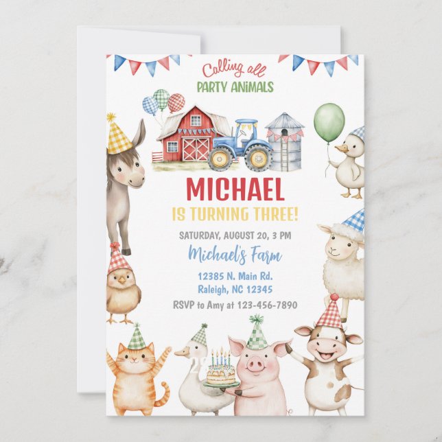Invitación de cumpleaños de animales de granja par (Anverso)