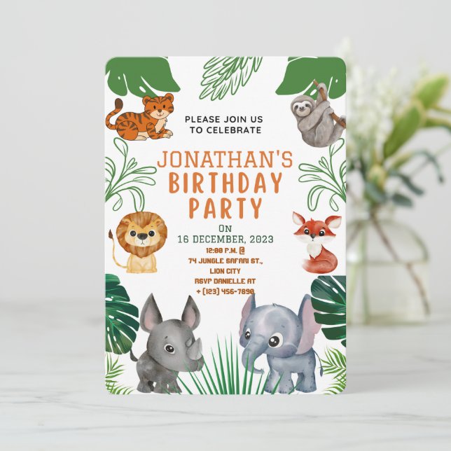 Invitación de cumpleaños de animales de la selva l (Anverso de pie)