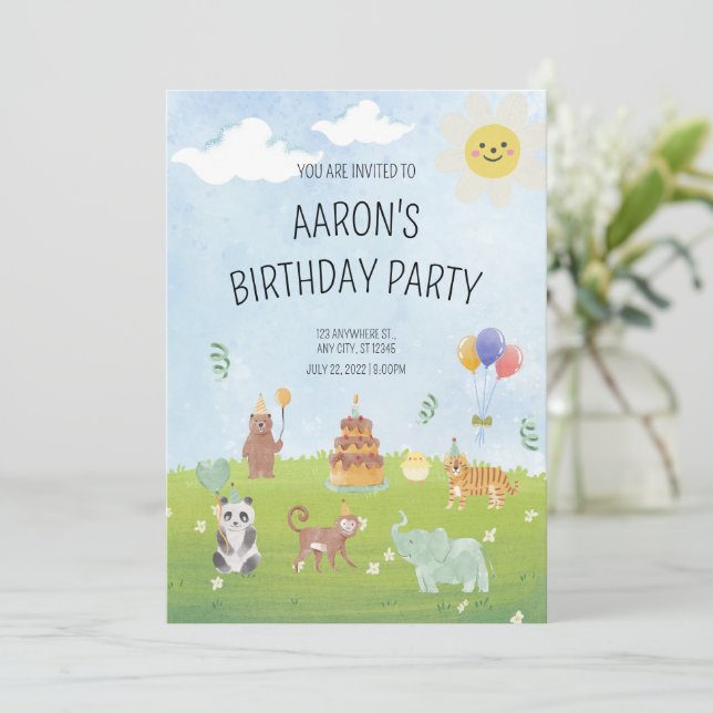 Invitación de cumpleaños de animales de safari con (Anverso de pie)
