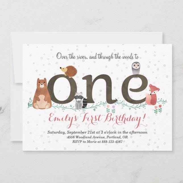 Invitación de cumpleaños de animales de Woodland (Anverso)