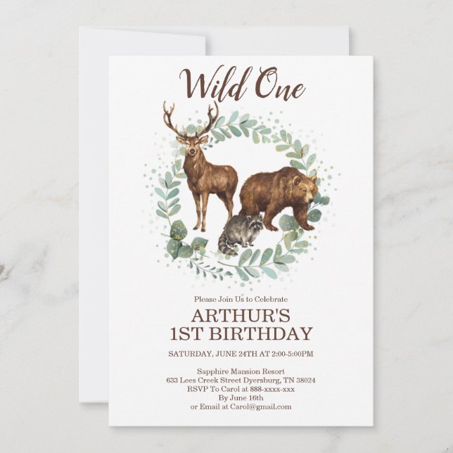 Invitación de cumpleaños de animales de Woodland,  (Anverso)