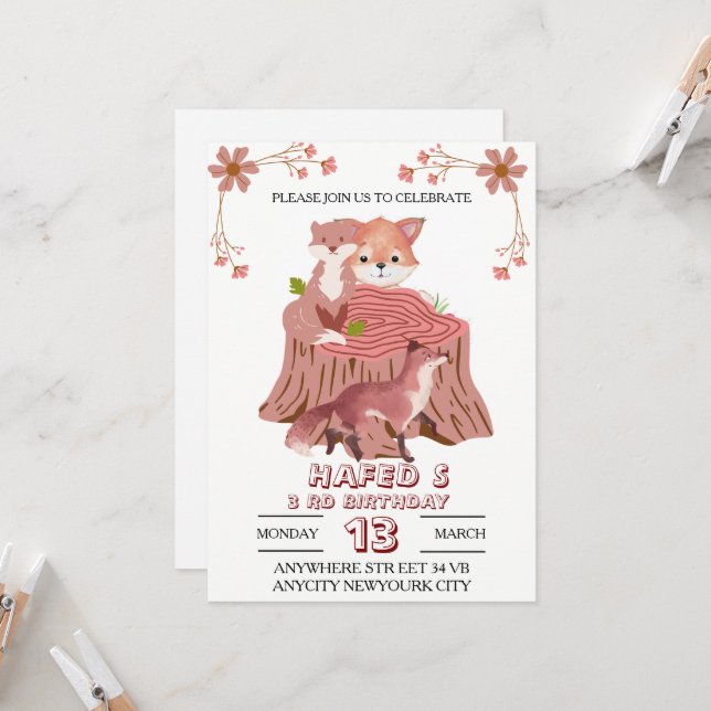 Invitación de cumpleaños de animales de Woodland:  (Anverso/Reverso In Situ)