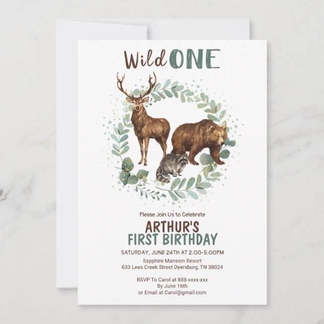 Invitación de cumpleaños de animales de Woodland,  (Anverso)