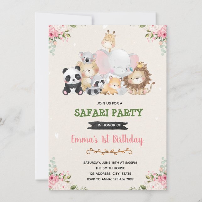 Invitación de cumpleaños de animales de zoológico  (Anverso)