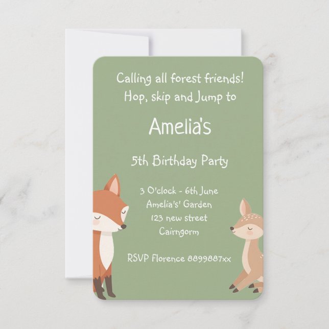 Invitación de cumpleaños de animales del bosque (Anverso)