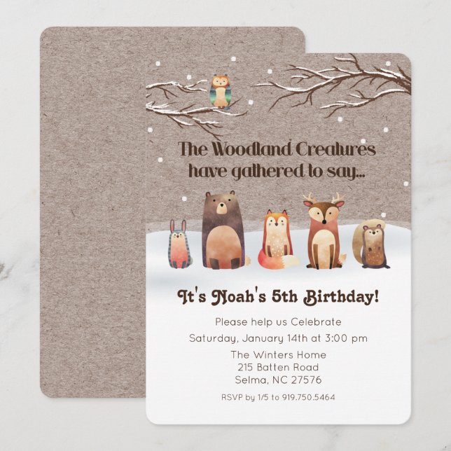 Invitación de cumpleaños de animales del bosque (Anverso / Reverso)