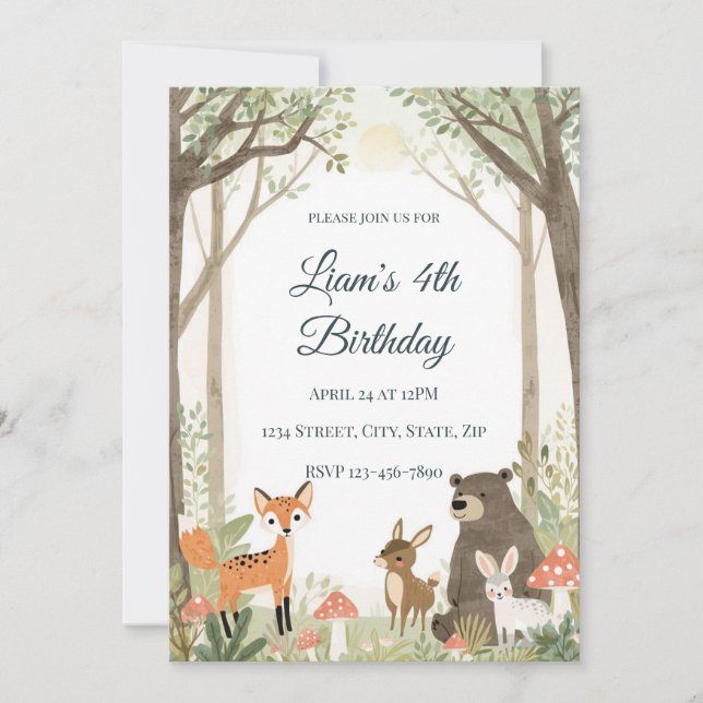 Invitación de cumpleaños de animales del bosque -  (Anverso)