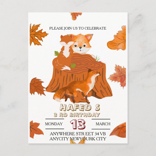 Invitación de cumpleaños de animales del bosque: B (Anverso)