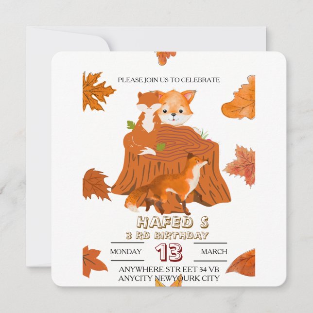 Invitación de cumpleaños de animales del bosque: B (Anverso)