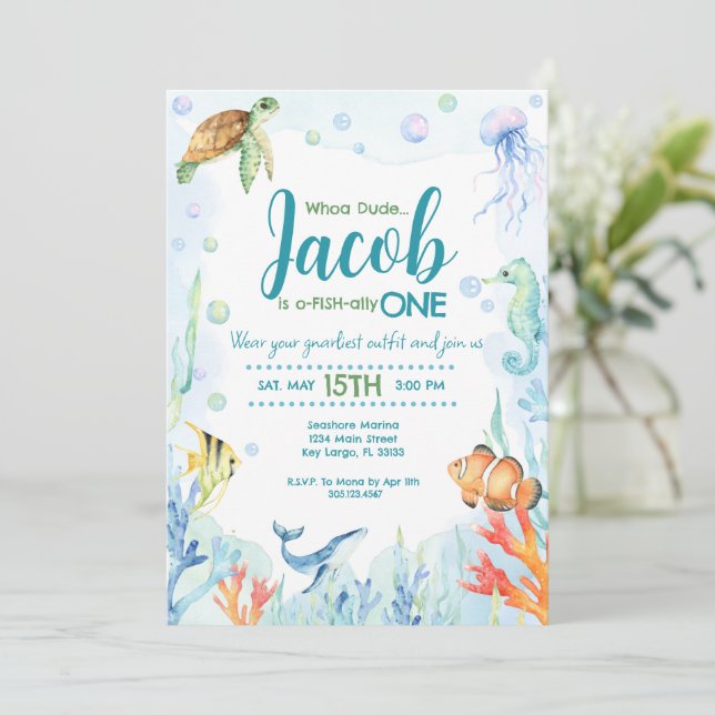 Invitación de cumpleaños de animales del océano ba (Anverso de pie)