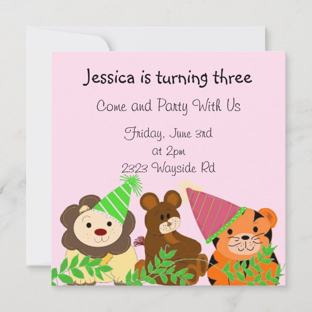 Invitación de cumpleaños de animales del zoológico (Anverso)