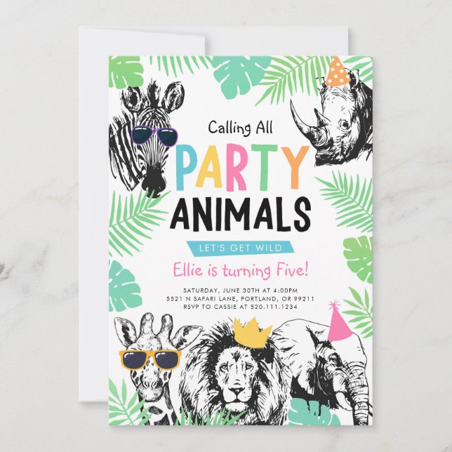 Invitación de cumpleaños de animales divertidos pa (Anverso)